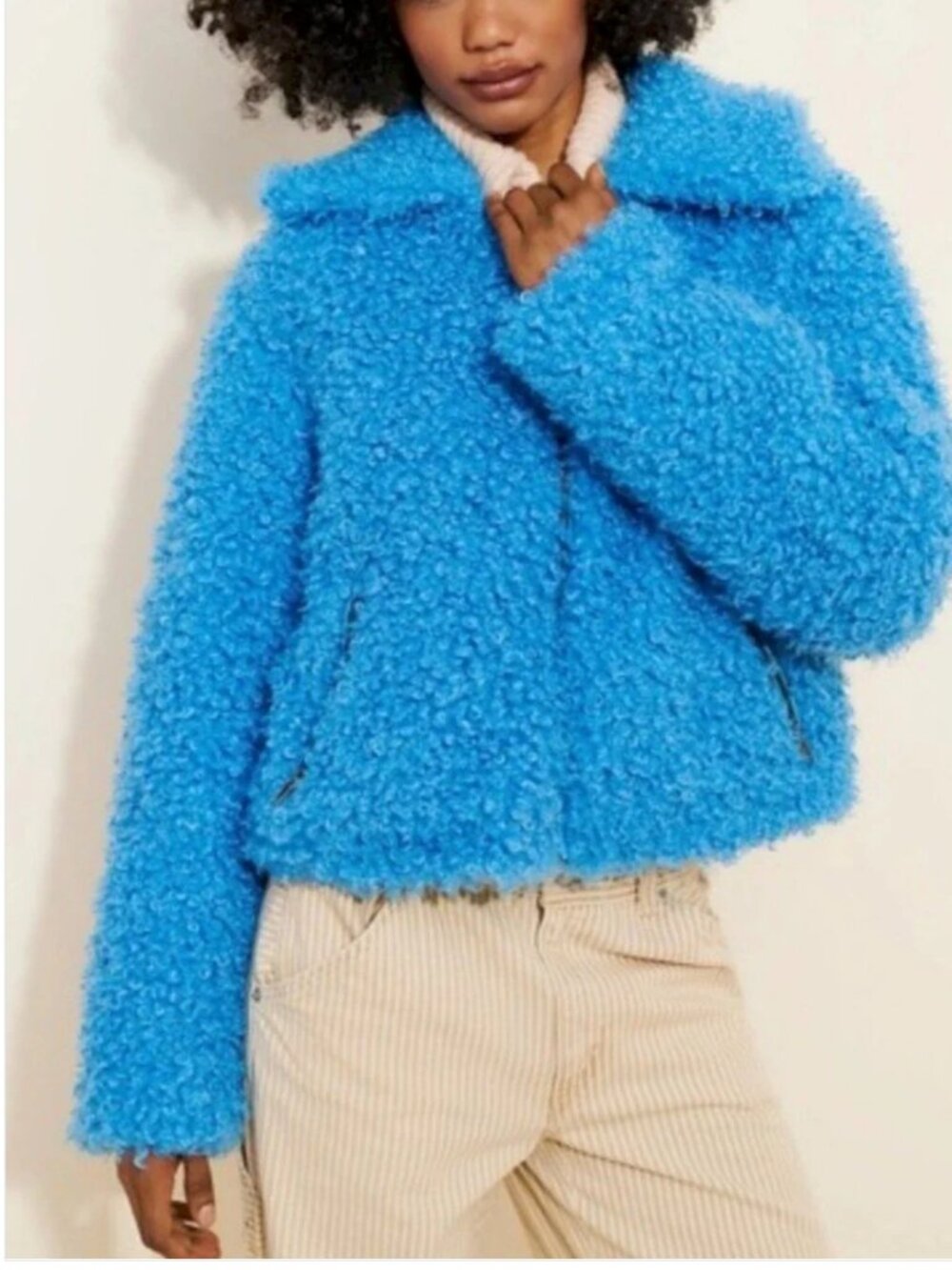 Free People Cool and Cozy Curly Teddy Oversized Cropped Blue Jacket size S